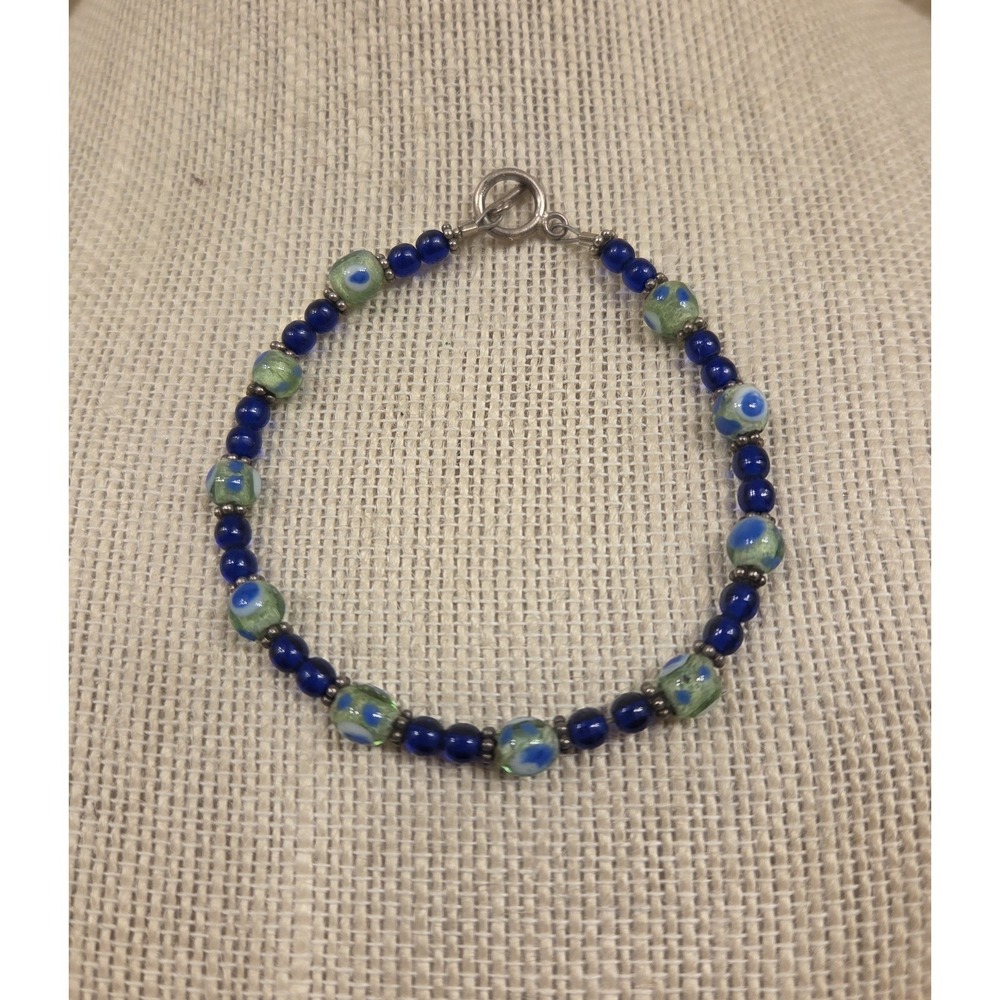 Sterling Silver & Murano Glass Bead Bracelet Toggle Clasp 7.5"